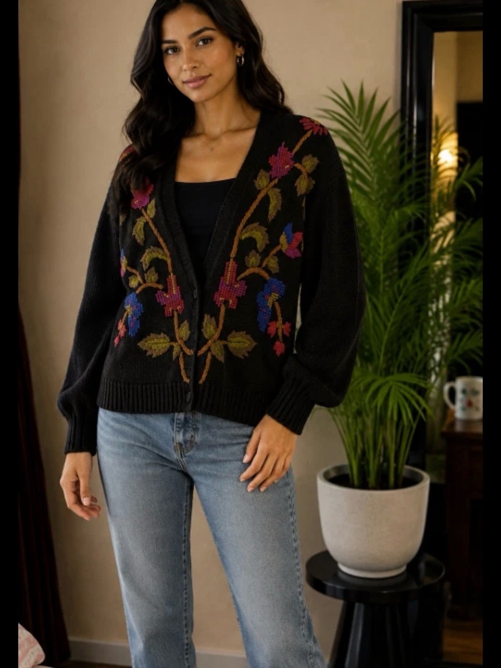 Vintage de Rotchild Cardigan Women M Black Floral Embroidered Ramie Cotton 90s